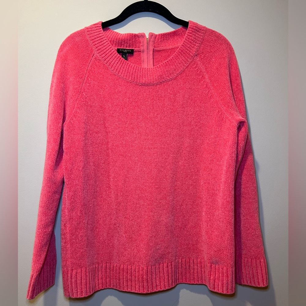 Talbots Sweater Women Medium Petite Pink Cozy Fuzzy Fluffy Chenille Barbiecore